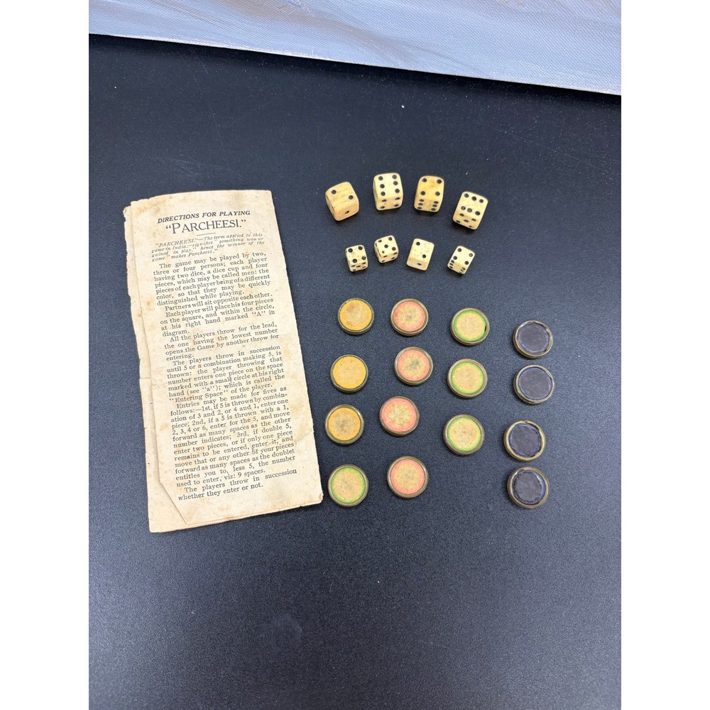 Antique Selchow & Righter Parcheesi Game Pieces 16 Brass Counters 8 Bone Dice